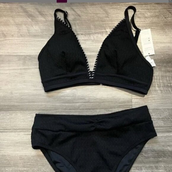 CUPSHE Bikini Black with White Stitching Plunging-V Whipstitch Bikini Medium NWT - Picture 5 of 5